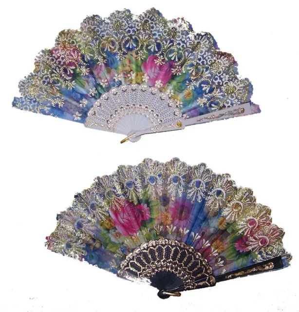 5 GLITTER RAINBOW HAND HELD 9 INCH WOMEN FAN with FLOWERS #gi523 accessories new