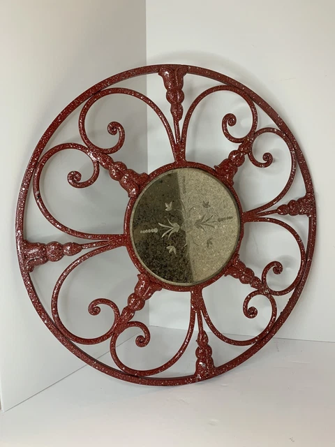 Red Wrought Iron Decorative 15”D. Medallion Wall Hanging Mirror Décor In Center