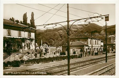 Cartolina di Olgiate Calco, stazione della ferrovia - Lecco