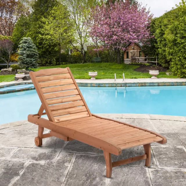 Wooden Sun Lounger Adjustable Recliner Chair w/ Pull-out Tray, 2 Wheels