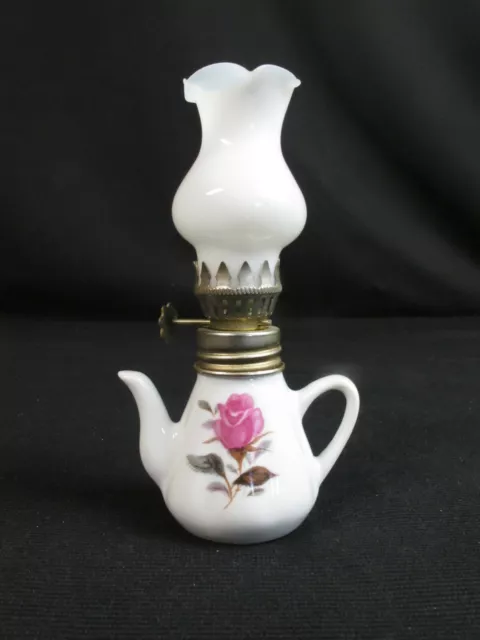 Vintage Miniature oil Lamp Lantern Flowers Milk Glass Hurricane Chimney 5”