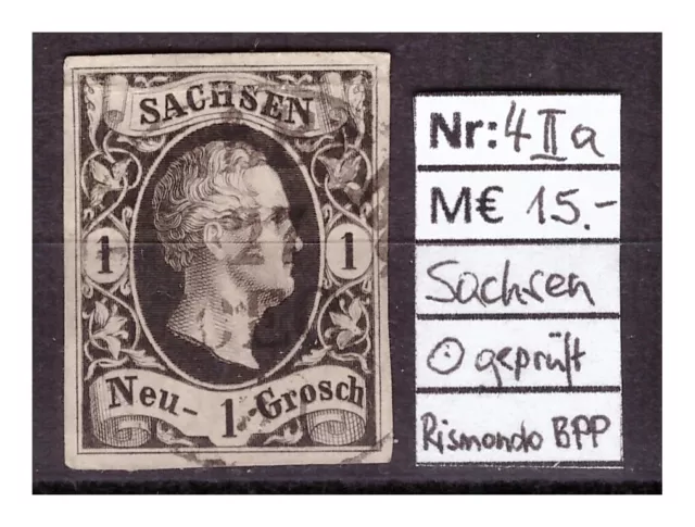 AD, Sachsen, MiNr. 4 IIa, schwarz auf mattgraurot, Ortsstempel, BPP-geprüft