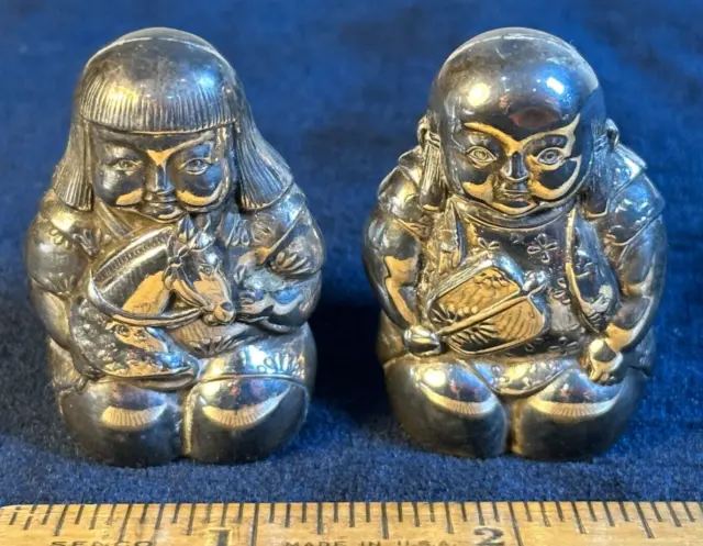 Antique Japanese 950 Sterling Silver Set Buddha Figural Salt & Pepper Shakers