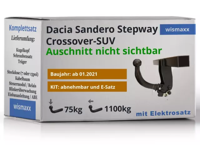 ANHÄNGERKUPPLUNG abnehmbar für Dacia Sandero Stepway ab 21 +13pol E-Satz JAEGER