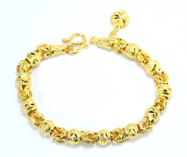 Byzantine Mix Heart Charm 7" 7.5mm Diamond-Cut Beads 24K Gold GP Thai made GT52