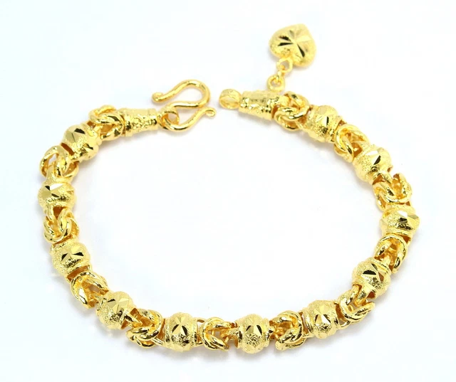 Byzantine Mix Heart Charm 7" 7.5mm Diamond-Cut Beads 24K Gold GP Thai made GT52