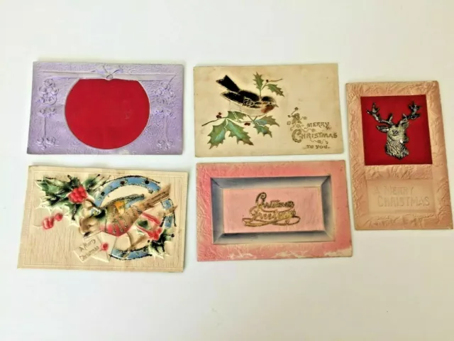 5 Victorian Christmas postcards heavily embossed deer puffy bird 1920s glitter