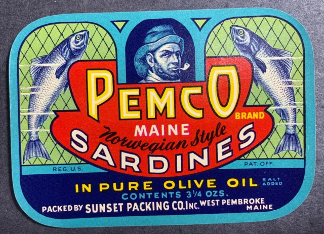 Super Graphic Pemco Sardine Can Fish Label West Pembroke Maine Fishing