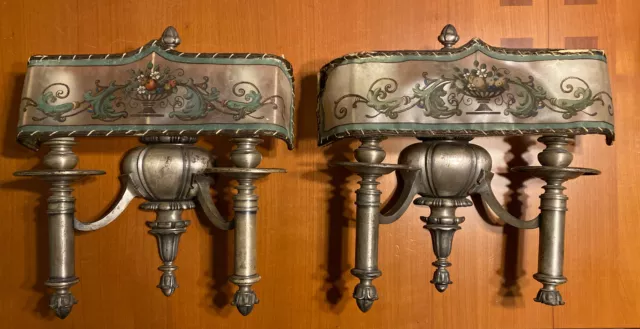 Vtg Pair Large Art Deco 2 Bulb Cast Wall Sconce Light Fixtures Parchment Shades
