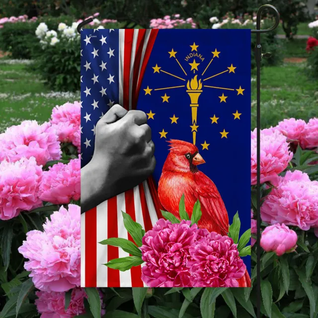 Indiana State Cardinal With Peony Flower US Flag Garden Flag 12x18in