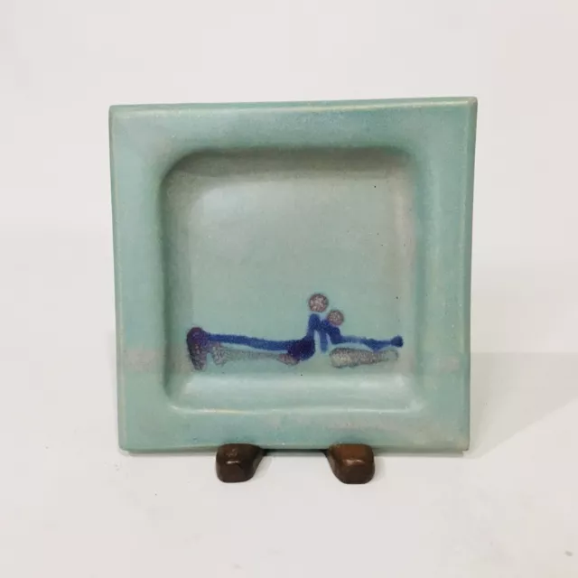 Art Pottery Green Matte Glaze cobalt accent Square Dish Plate 6.5 Signed Sodousk