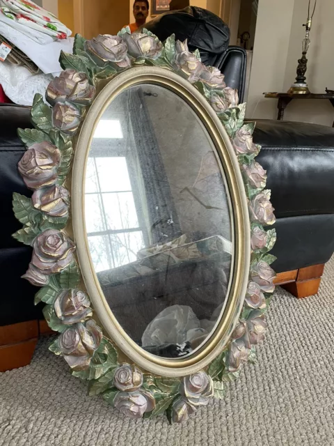 Vintage Home Interiors Oval Mirror With Pink Roses And Green Leaves 27" X 19"