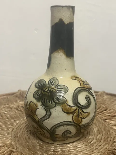 Vtg Mexican Tonala Pottery Bud Vase 6" Folk Art Earth Tones Flower Leaves MCM
