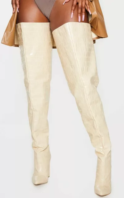 Bnib 4 Plt Cream Croc Over Knee Otk Thigh Crotch High Clubbing Nightclub Boots