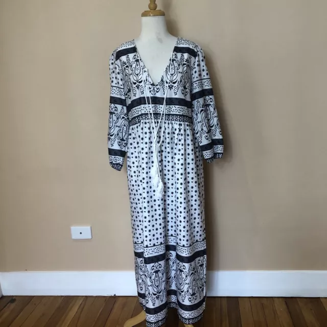 Miss Look Size L Maxi Dress White & Black Lightweight Boho Hippie Dress