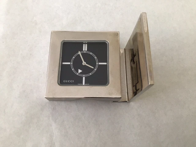 GUCCI 0840 VINTAGE S/S Table Travel Alarm Clock, New Battery,Runs