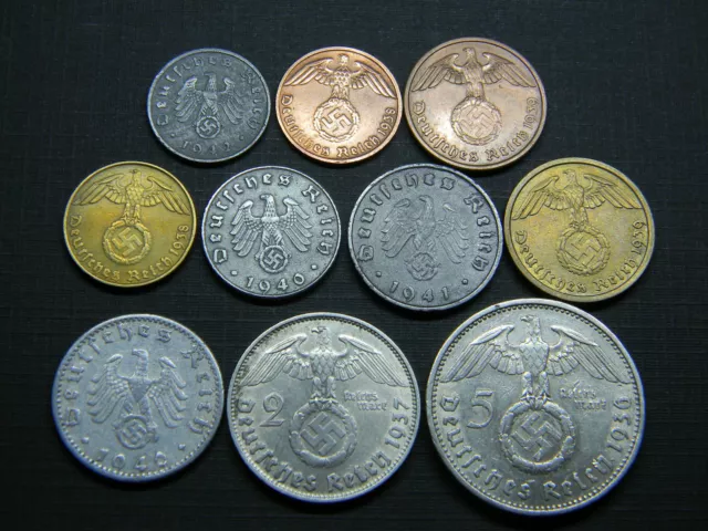 Complete Set of WW2 German Reich Coins All w/Sw 1 Pf to 5 RM Silver Special