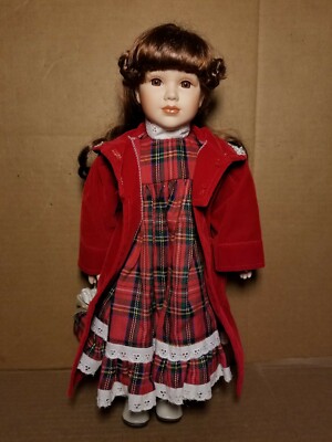 Porcelain China Doll in Red Velvet Jacket Plaid Dress w/Gift Bag 18" Brunette