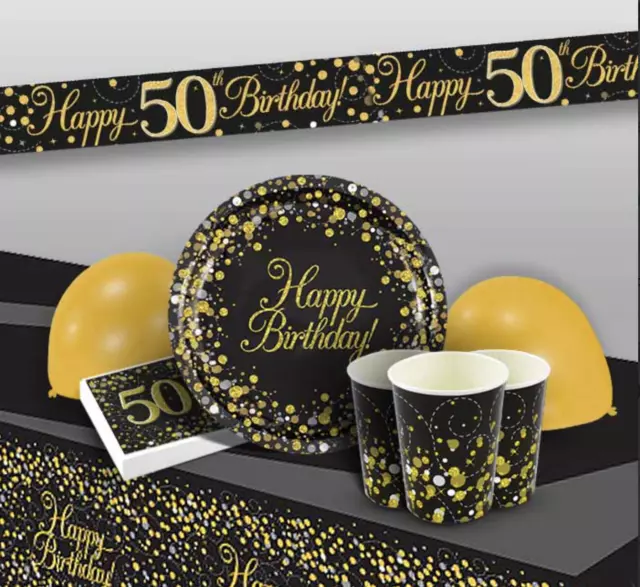 Black & Gold 50th Birthday Party Tableware Decorations Plates Cups Napkins Set