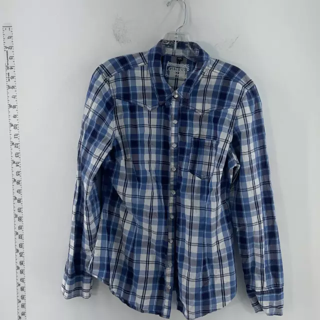 GUESS Blue Plaid Snap Button Women's Button-Up Top - Size L