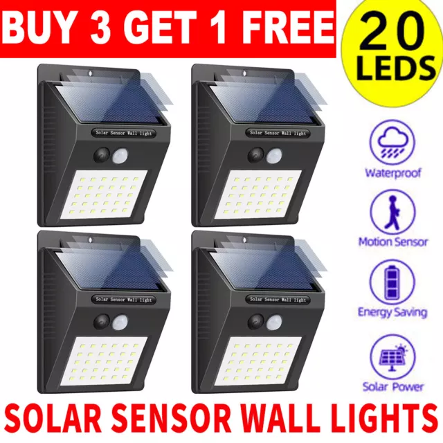 20 LED Solar Power PIR Motion Sensor Wall Lights Outdoor Garden Security Lamp UK