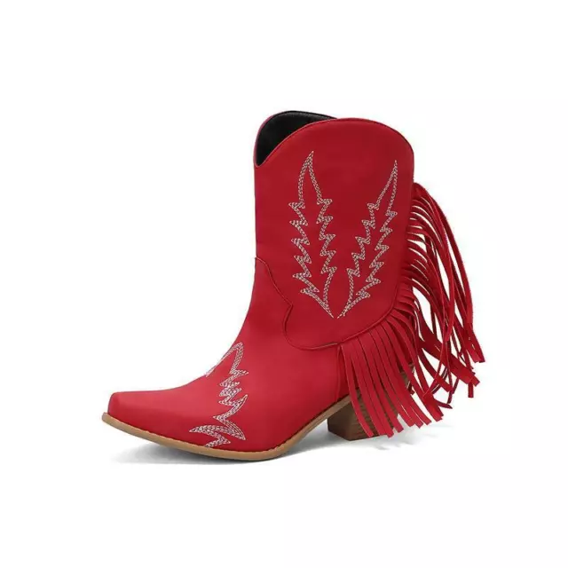 Fashion Womens Mid-Heel Short Cowgirl Boot Work Pointed Toe Tassel Western Boots