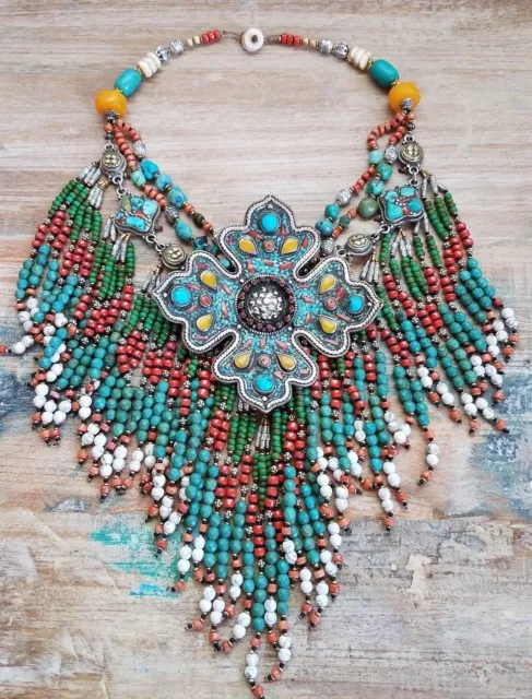 Large Tibetan Elegant Multi Strand Beaded Boho Long Statement Necklace