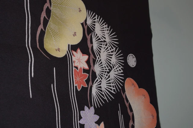 Classic! Antique Vintage Japanese Kimono Kuro furisode hikizuri Taisho Showa 13
