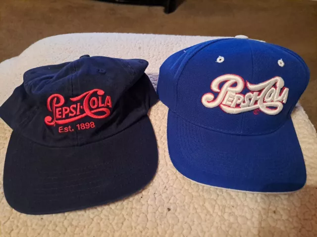 2 Vintage Pepsi Cola Embroidered Ball Cap Adjustable Dark Blue Red White Letter