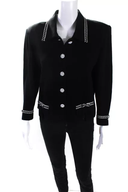 St. John Collection Womens Button Up Collared Santana Knit Jacket Black Size 10