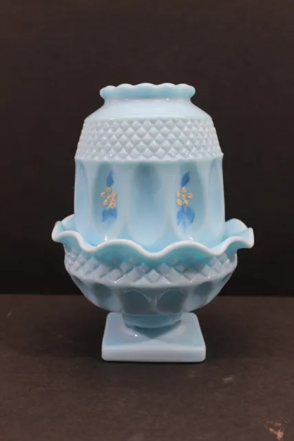 Westmoreland Hand Painted Blue Milk Glass Fairy Lamp Votive Candle Holder