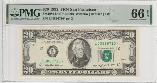 1993 $20 Federal Reserve Star Note FR 2080-L* PMG Gem UNC 66 EPQ San Francisco *