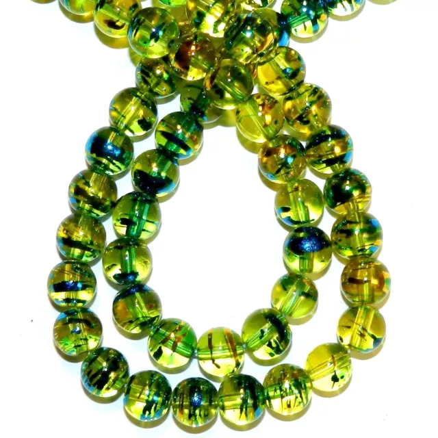 G1540 Yellow Clear 8mm Round Metallic Drawbench Swirl Glass Beads 32"