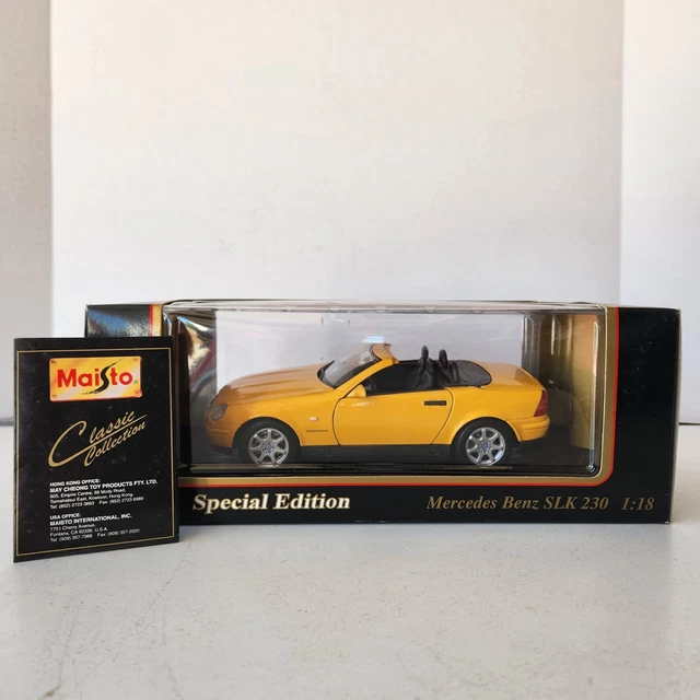 Maisto Mercedes SLK 230 Cabriolet 1/18 – Jaune, 1996, Occasion Boîte Abîmée