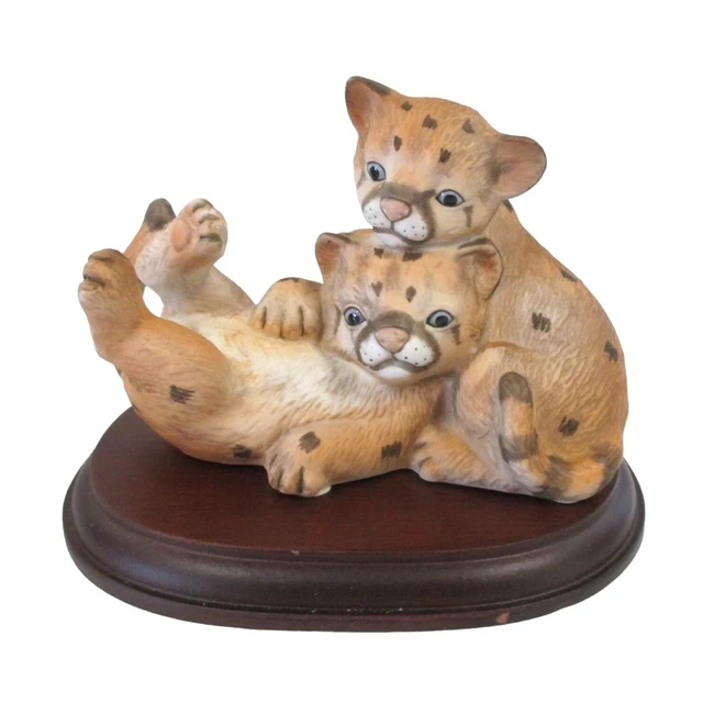 Vintage Homco Curious Cougars Masterpiece Figurine with Wood Base Original Box