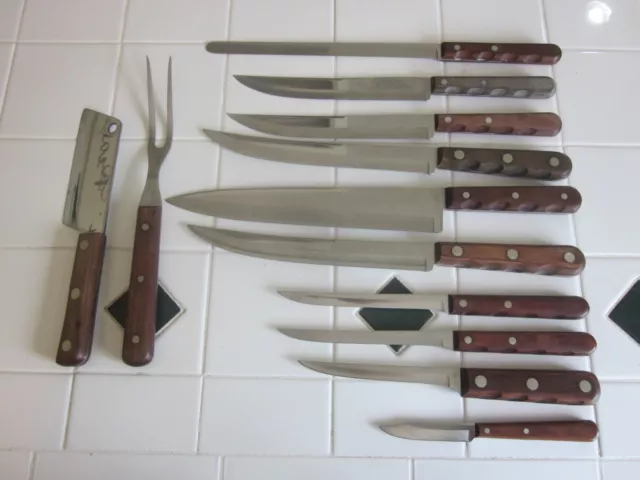 11 Case Kitchen Knives & A Fork! Nice Shape W/Walnut Finger Groove Handles On 9