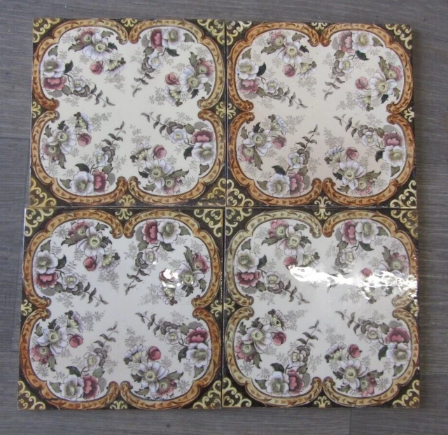 Antique Victorian 4 x Fireplace Tiles Floral Design Transfer print