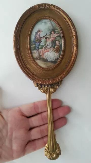 SUBLIME ancien MIROIR FACE A MAIN MINIATURE PEINTURE signée LUGER Louis XVI