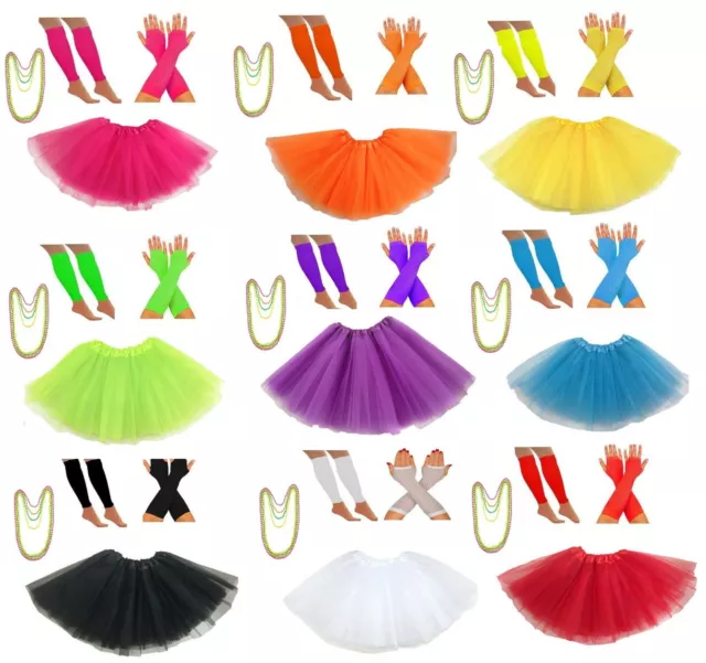 Neon Tutu Leg Warmers Fishnet Gloves Ladies 80s Costume Necklaces Hippie Glasses