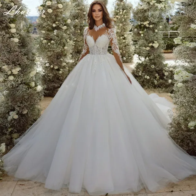 A Line O Neck Beaded Tulle Wedding Dress Full Sleeve Lace Appliques See through