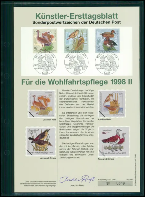 Brd Künstler-Etb 1998/36 Wohlfahrt Vögel Künstler-Ersttagsblatt Ltd. Edition