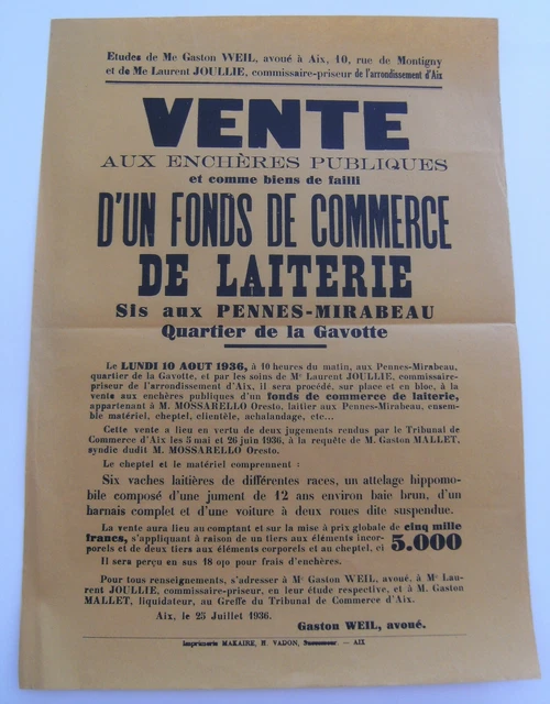 Affiche vente enchère commerce laiterie Pennes Mirabeau 1936 vintage rétro