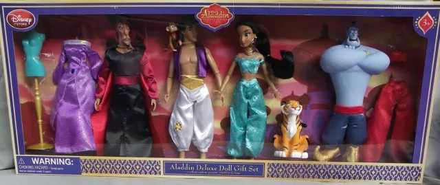 DELUXE SET Aladin Jasmine Jafar Genie Rajah Disney store coffret poupée