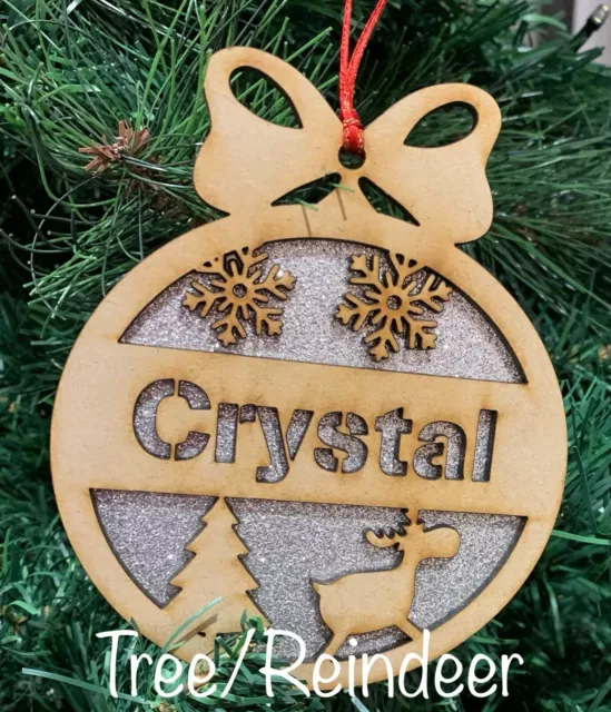 Personalised Wooden/Glitter Christmas Baubles 10cm x 12cm Xmas Tree Reindeer