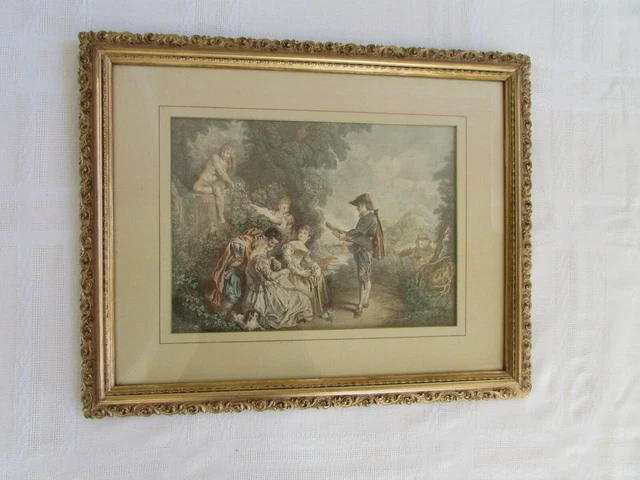 ANTIQUE 19th CENTURY FRENCH ENGRAVING WATTEAU LECON D'AMOUR GILT FRAME 18" X 14"