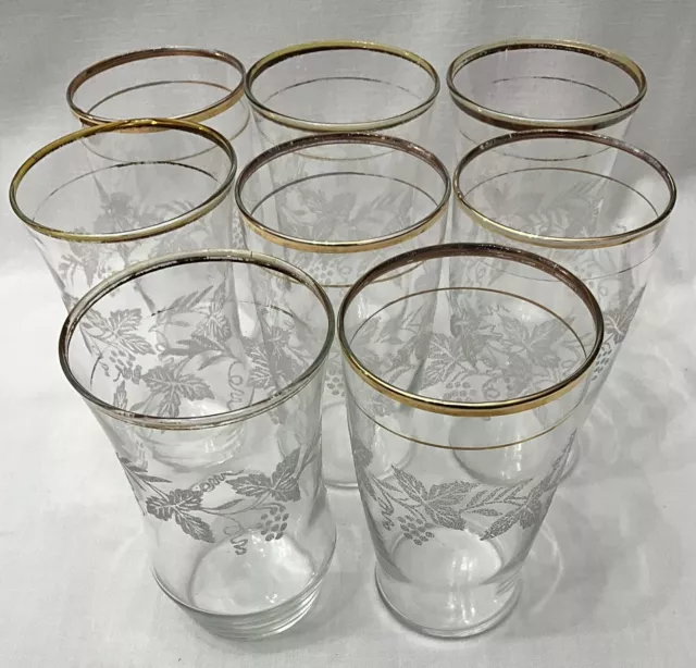 Set Of 8 VTG Bartlett Collins Frosted Grape Vine Gold Trim 12 Oz. Tumbler