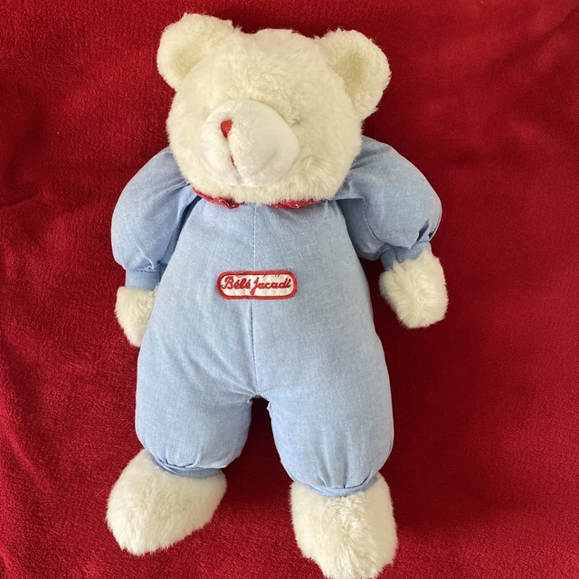 🇫🇷Peluche Doudou Ours Blanc Collerette Rouge Habit Jean’s 42 Cm JACADI VINTAGE