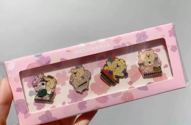 New Starbucks 2021 China Sakura Bear Four Pieces Gift Box Pin Set