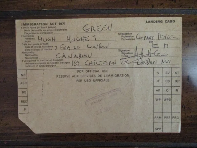HUGHIE H GREEN(Double Your Money/Opportunity Knocks)Signed 1971 Immigration Card