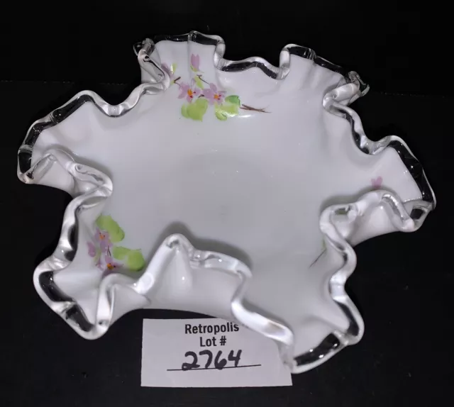 Fenton Hand Painted Art Glass Silver Crest Violets Ruffled Bowl Signed Trudy B